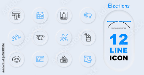 Elections set icon. Vote, candidate, speech, calendar, voting, percentage, diagram, statistics, pencil, hand, record, handshake, loudspeaker, neomorphism, passport. Electoral campaign concept.
