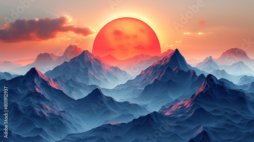 3D illustration of mountains  the sun and moon rising above them  digital art style  soft atmospheric perspective  red sky blue background  high resolution  cinematic light. Ai Generative