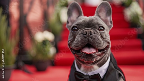 French bulldog in a tuxedo attending a blacktie event, red carpet background, suitable for highend pet fashion promotions photo