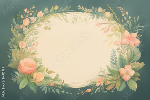 A watercolor painting of a floral frame with a cream center.