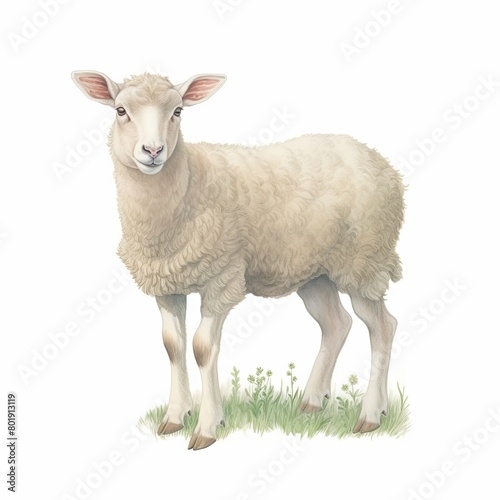 A watercolor painting of a sheep standing on green grass and looking at the viewer.