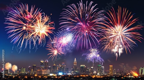 Fireworks exploding over a city skyline  vibrant and colorful  ideal for promoting holiday events or pyrotechnic services