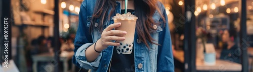 Fashionable teen holding a custom bubble tea, stylish urban backdrop, great for targeting fashionforward young consumers photo