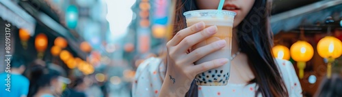 Fashionable teen holding a custom bubble tea, stylish urban backdrop, great for targeting fashionforward young consumers photo
