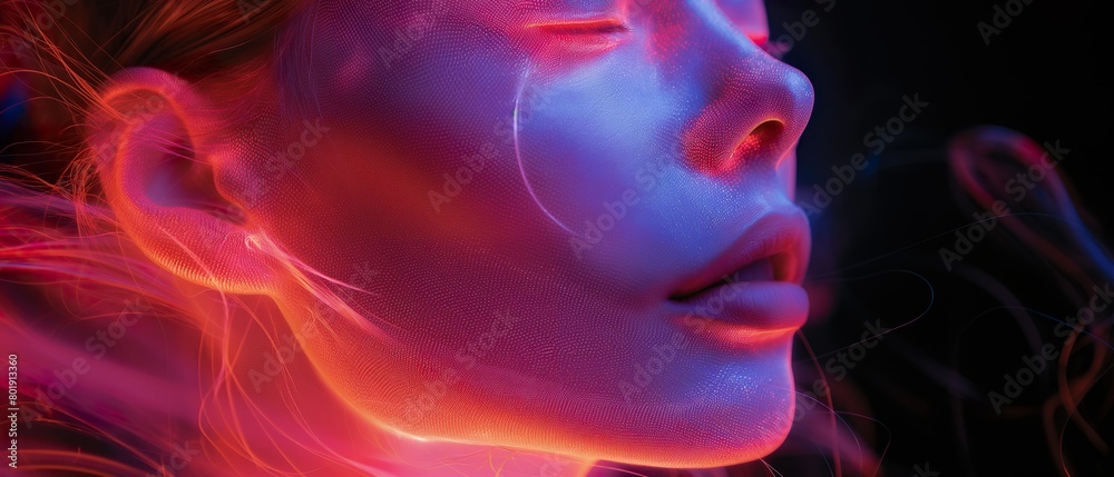 Obraz premium The Girl's Face In Bright Fluorescent Lighting. Generative AI