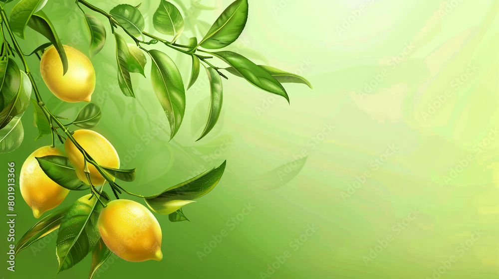 Branches with yellow lemons and green leaves on a green background. Copy space. Template. Mock up.
