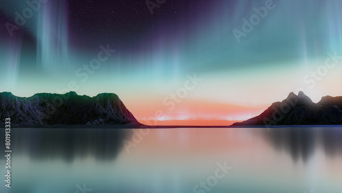 Green Aurora Borealis over Rocky Landscape. Majestic Northern Lights Background with copy-space. photo