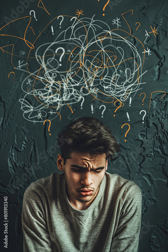 Sad young man with worried stressed face expression and brain melting into lines question marks. Obsessive compulsive, adhd, anxiety disorders concept 