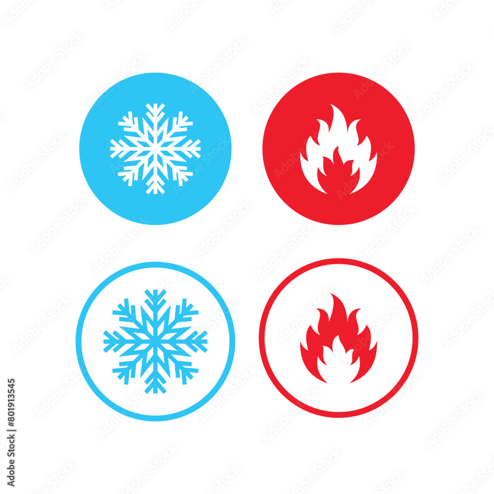 Fire and snowflake vector icon. Hot and cold. Ice and fire icons in circle for apps and websites. Vector illustration Fire and snowflake vector icon. Hot and cold. Ice and fire icons in circle for apps and websites. Vector illustration