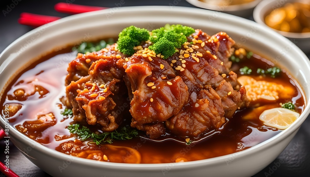 Taiwanese traditional food pork knuckle in a white bowl with golden line for Chinese Lunar New Year meal.
Taiwanese traditional food pork knuckle in a white bowl with golden line for Chinese Lunar New Year meal.