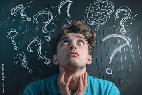 Sad young man with worried stressed face expression and brain melting into lines question marks. Obsessive compulsive, adhd, anxiety disorders concept
