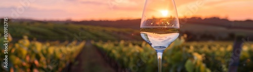 Elegant wine glass set against the backdrop of a vineyard at sunset, perfect for winery tours or wine tasting event promotions