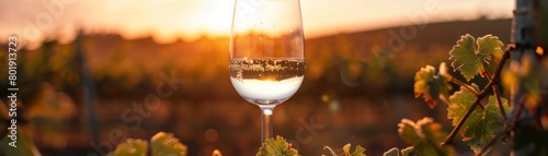 Elegant wine glass set against the backdrop of a vineyard at sunset, perfect for winery tours or wine tasting event promotions photo