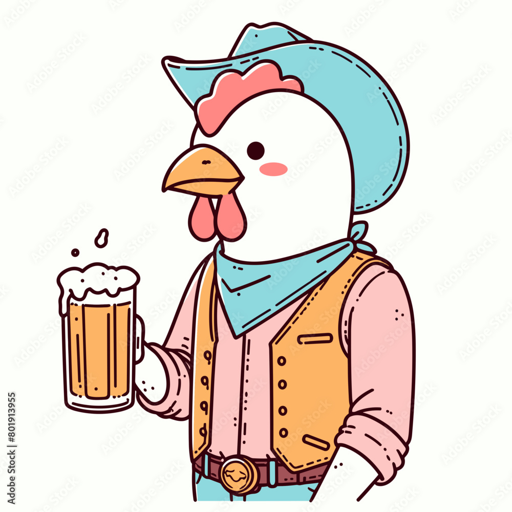 A cartoon chicken wearing a cowboy hat, vest, and bandana is holding a beer in its wing. A cartoon chicken wearing a cowboy hat, vest, and bandana is holding a beer in its wing.