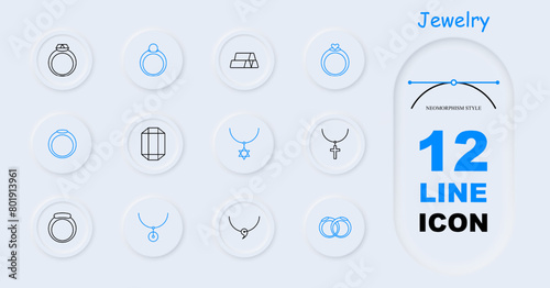 Jewelry set icon. Ring, diamond, adamant, cross, wedding rings, gemstone, luxury, heart, gift, chain, annulus, hoop, emerald, amethyst, sapphire, neomorphism. Expensive gifts concept.