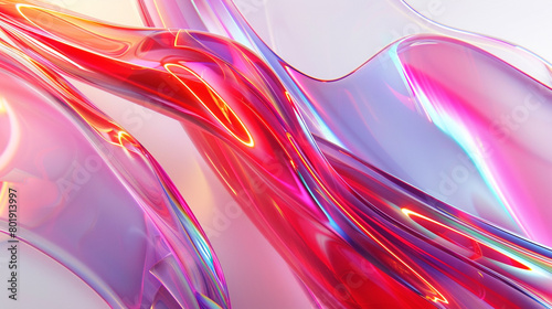  Vibrant waves of neon multicolor with a striking red touch dance across an abstract glass background, casting a mesmerizing glow against a backdrop of pristine white