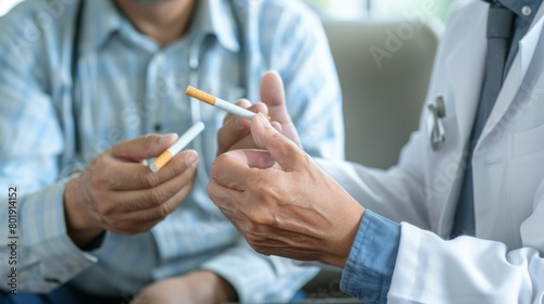 Doctor discussing the health benefits of quitting smoking with a patient, suitable for healthcare services or antismoking initiatives photo