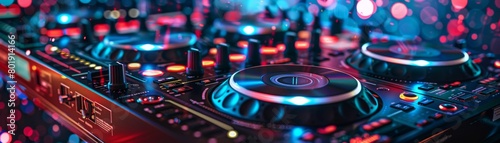 DJ mixing tracks on a radio station, vibrant nightclub setting, suitable for entertainment industry or DJ equipment advertisements
