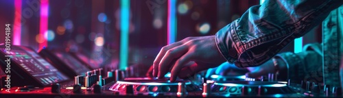 DJ mixing tracks on a radio station, vibrant nightclub setting, suitable for entertainment industry or DJ equipment advertisements photo