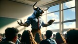 A minotaur is teaching a class full of students.