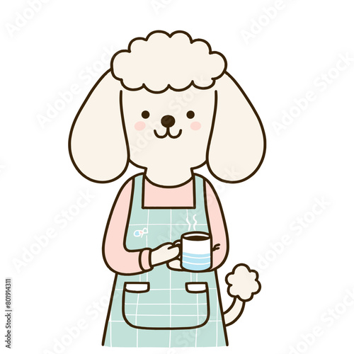A cute cartoon poodle dog wearing an apron is holding a coffee cup.