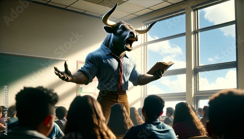 A minotaur is teaching a class full of students. photo