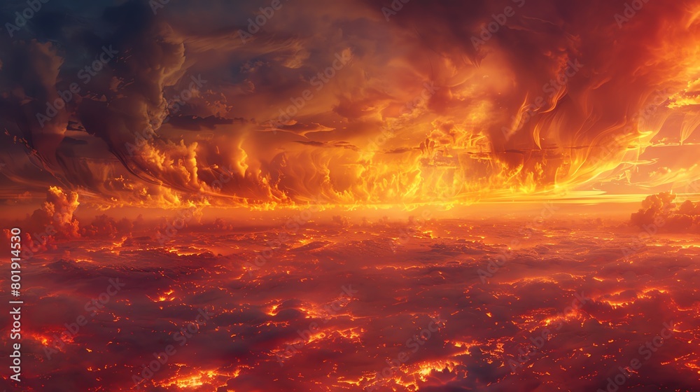 Transform a panoramic view into a digital masterpiece where flames of red