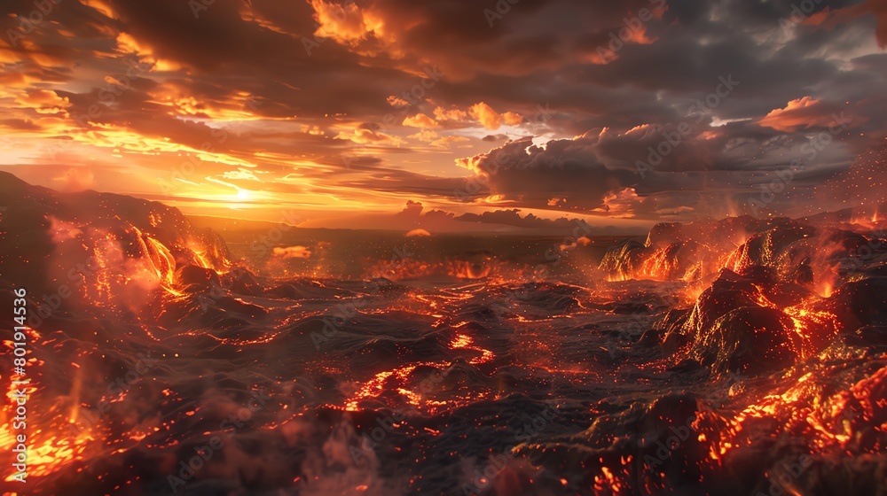 Transform a panoramic view into a digital masterpiece where flames of red