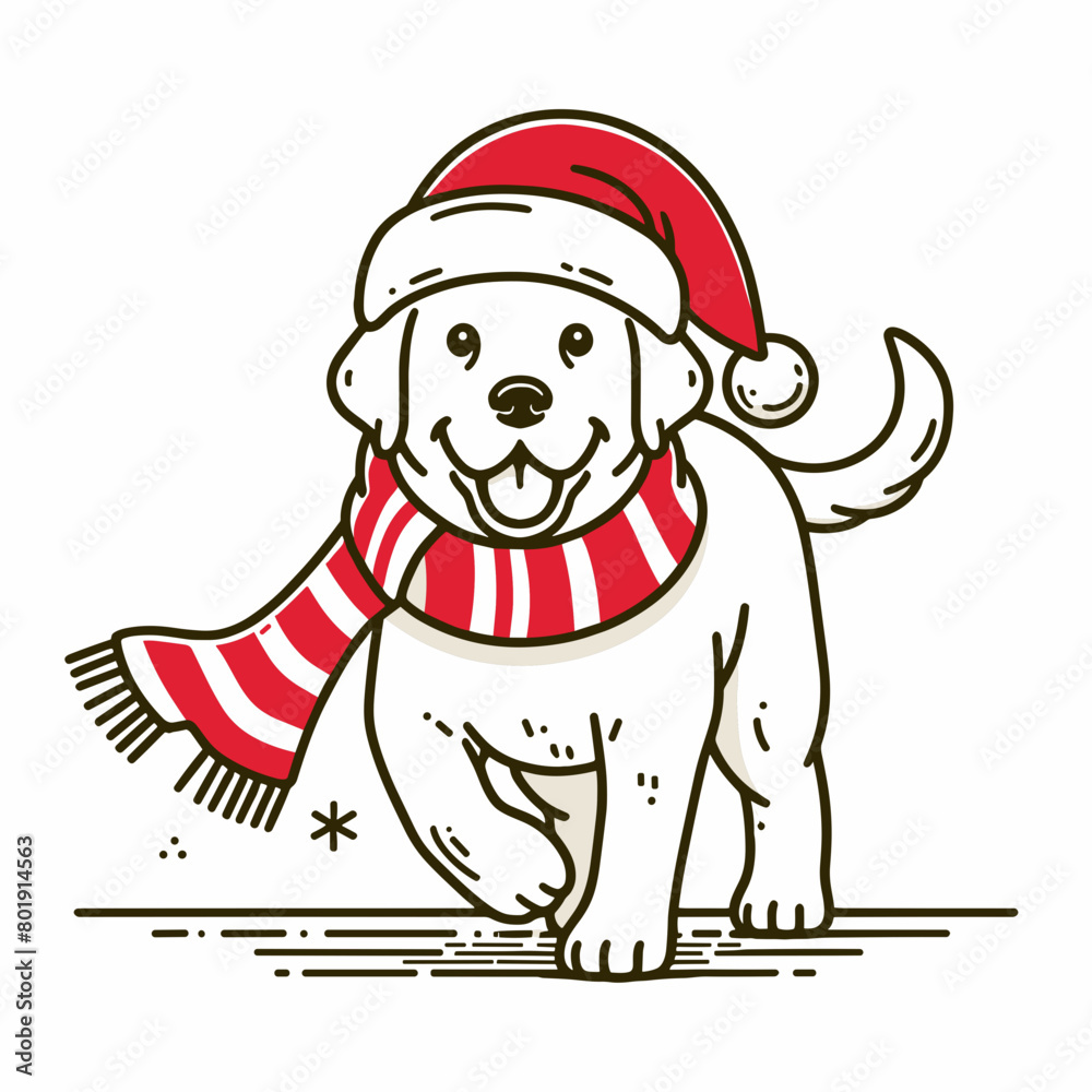 A simple line drawing of a dog wearing a red Santa hat and a red and white striped scarf.