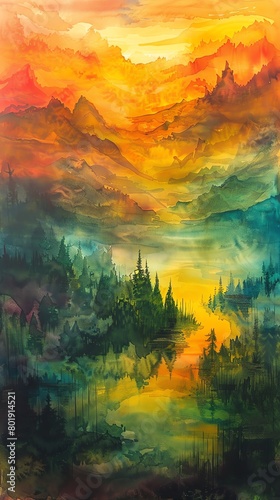 Imagine a panoramic view set aflame with a myriad of warm tones blending seamlessly into the horizon Create a striking watercolor artwork that showcases the ethereal dance of light © Suphat