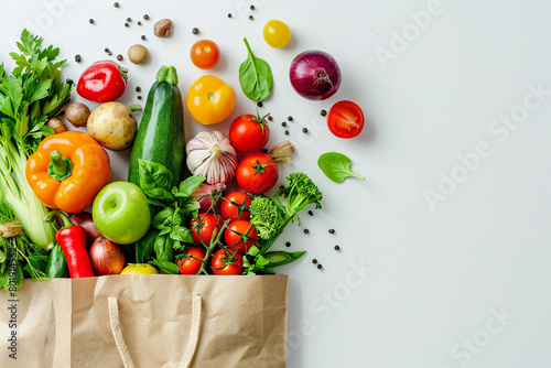 Delivery healthy food background. Healthy vegan vegetarian food in paper bag vegetables and fruits on white  copy space 