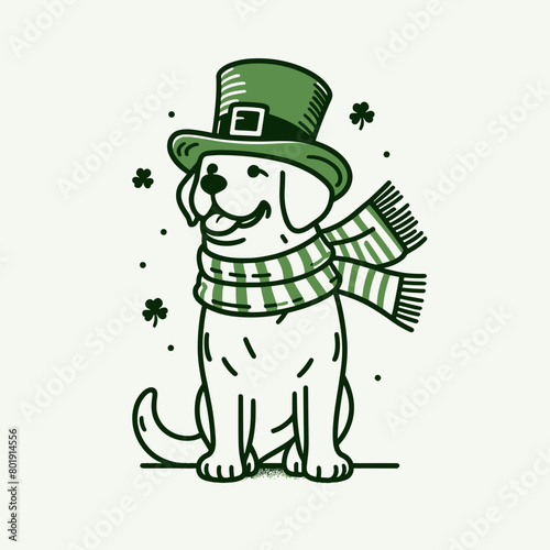 A simple line drawing of a dog wearing a green top hat and scarf.