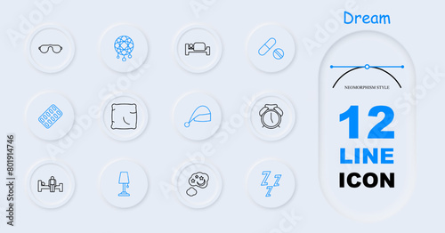 Dream set icon. Slumber, repose, bed, alarm clock, dream catcher, Z, snoring, melatonin, pillow, tablets, pills, sleep cap, lamp, man on doss, neomorphism. Sleep concept.