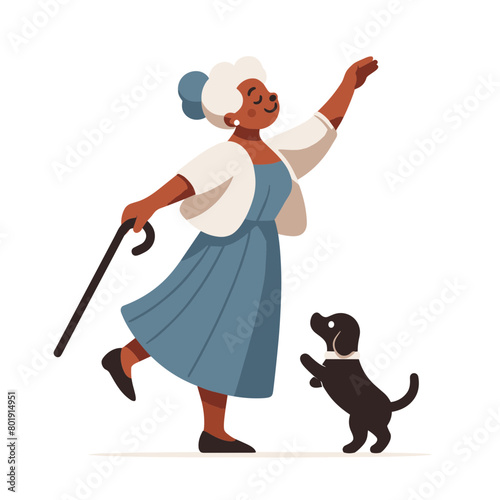 An old lady walking her dog