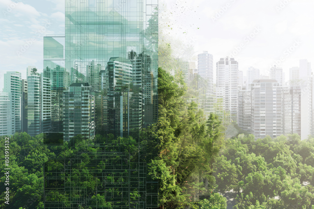 Obraz premium The fusion of city skyscrapers and lush green forests.