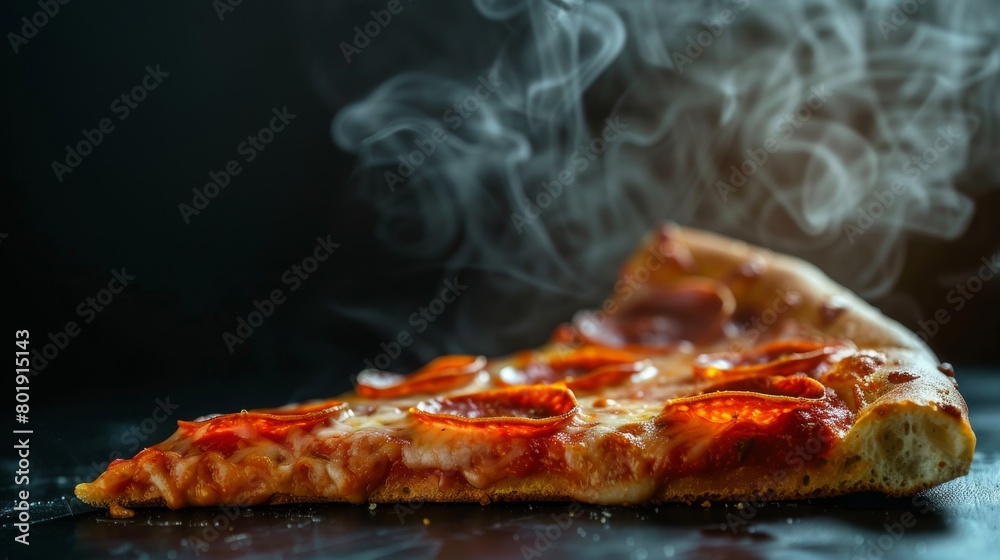 Closeup of a slice of pepperoni pizza with steam rising, dark moody background, perfect for gourmet pizza delivery ads