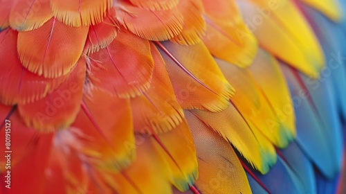 Closeup of a parrots bright feathers, emphasizing texture and color, suitable for highend pet accessory or bird food ads photo