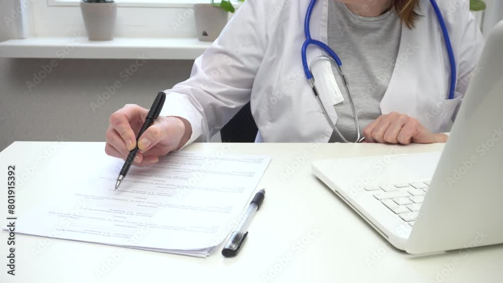 Close-up of a female physician working at her desk, reviewing medical records and diagnoses on paper, with a focus on her hand Close-up of a female physician working at her desk, reviewing medical records and diagnoses on paper, with a focus on her hand