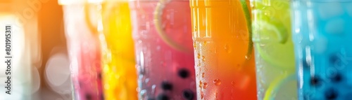 Closeup of a colorful bubble tea with tapioca pearls, crisp and refreshing look, ideal for summer drink menu advertisements