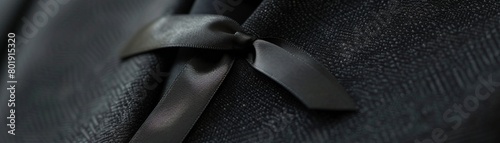 Closeup of a black ribbon on a suit lapel, subtle and poignant, ideal for memorial day services or tribute event promotions