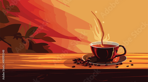 Pouring of hot coffee from cezve into cup on wooden photo