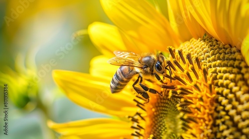 Closeup of a bee pollinating a vibrant sunflower, perfect for environmental or gardening product advertisements © kitidach
