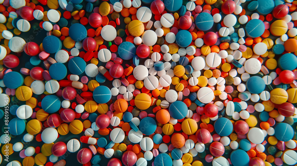 A top-down view showcasing masses of pharmaceutical pills filling the entire frame, creating a visually striking image composed entirely of pills. The sheer quantity of pills conveys abundance A top-down view showcasing masses of pharmaceutical pills filling the entire frame, creating a visually striking image composed entirely of pills. The sheer quantity of pills conveys abundance
