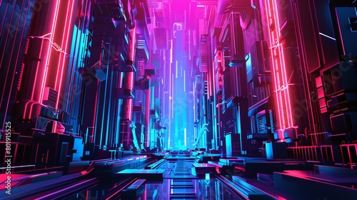 Illustrate a digital CG 3D composition of a futuristic avant-garde cityscape seen from a frontal perspective Use vibrant neon colors contrasted against dark shadows to convey a sen