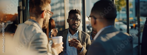 african american businessman or worker drinking coffee in office in group with colleagues