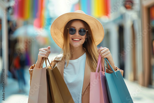 Woman in shopping. Happy woman with shopping bags enjoying in shopping. Consumerism, shopping, lifestyle concept
 photo