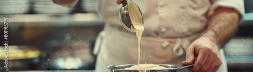 Chef preparing a creamy milkbased sauce in a professional kitchen, ideal for culinary school or gourmet food product ads photo