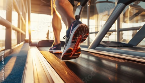 Close-up of athletic shoes on a treadmill in a sunlit gym photo