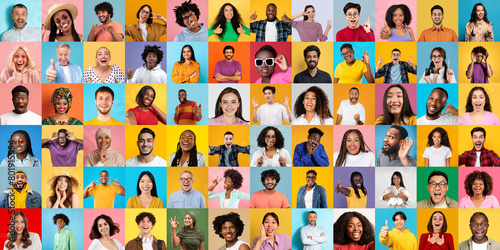 This image features a collage of various individuals showing happiness and diversity with vibrant colored backgrounds