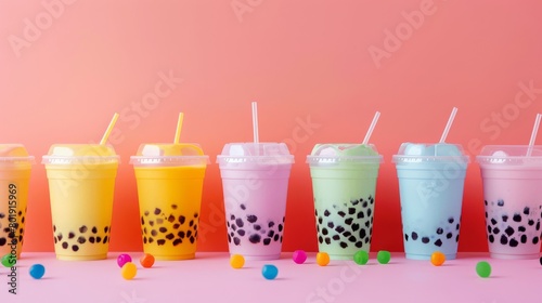 Bubble tea takeaway cups lined up, with bold brand logo visible, perfect for takeaway service or fast food chain advertisements